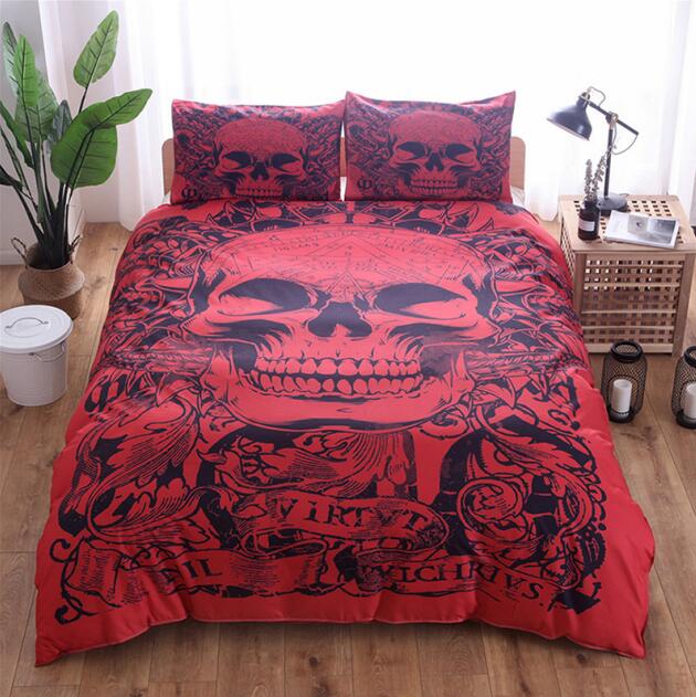 3D skull bed linen set cartoon watercolor rose flower skull quilt cover cushion cover queen size white bed cover set