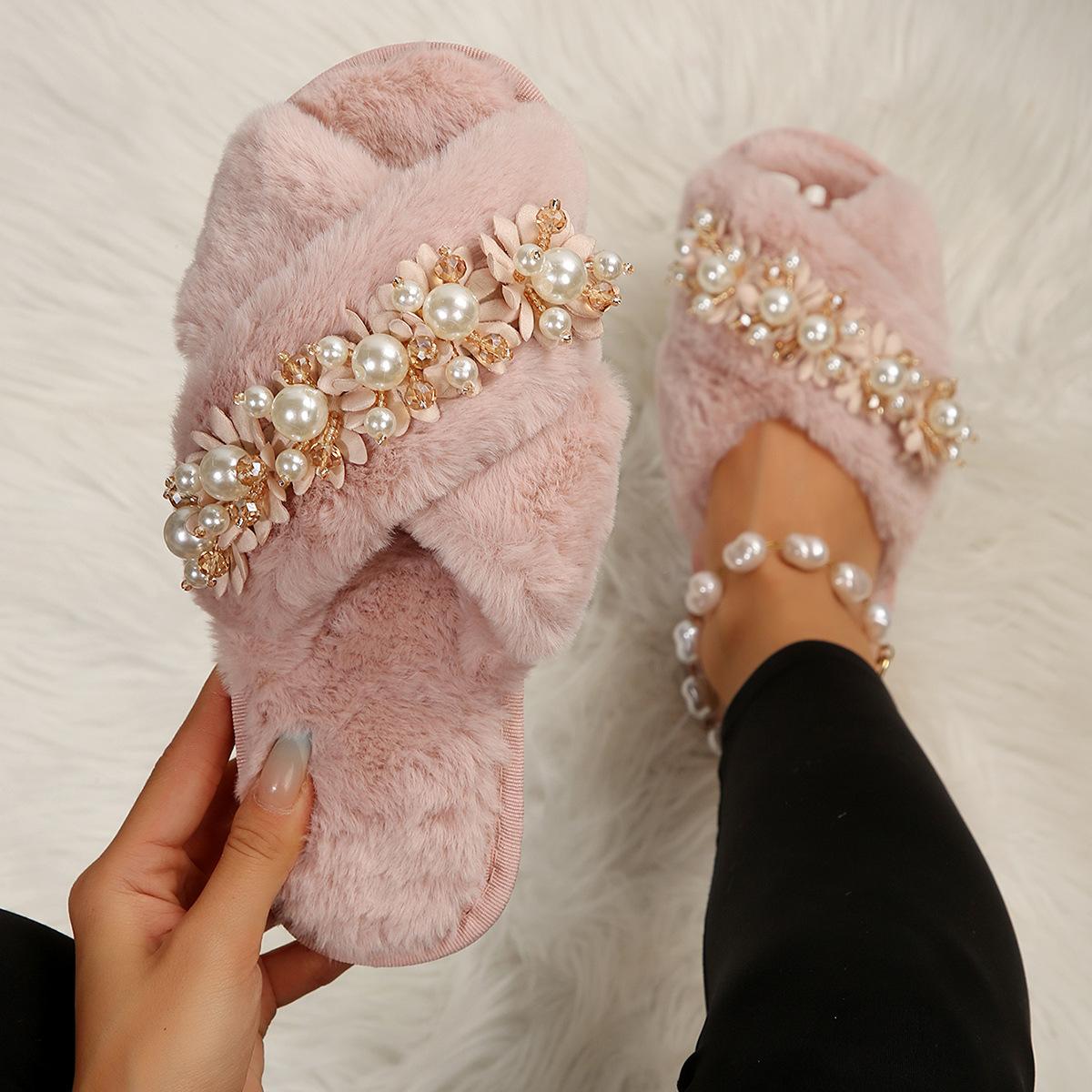 

Fashion Women s Flat Home Cotton Slippers Autumn Winter Warm Fur Flowers Beaded Slipper for Women Casual Light Non-slip Slides Shoes 40-41 розовый