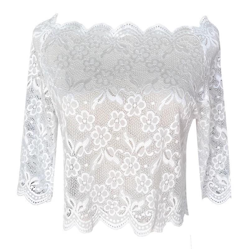 Women's Lace Base One-Shoulder Top: Stylish Spring-Autumn Blouse with Wave Edge and Exposed Collarbone Design