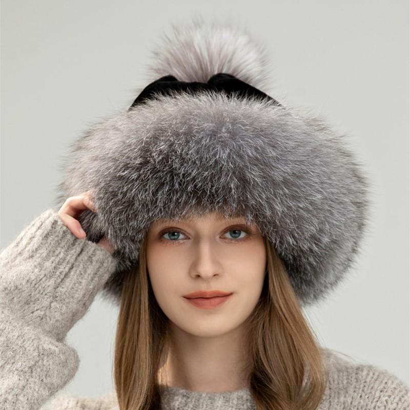 Women real fox fur hat Winter warm ear-protecting princess fur straw hat Girl outdoor thickened whole fur rex rabbit fur ski hat
