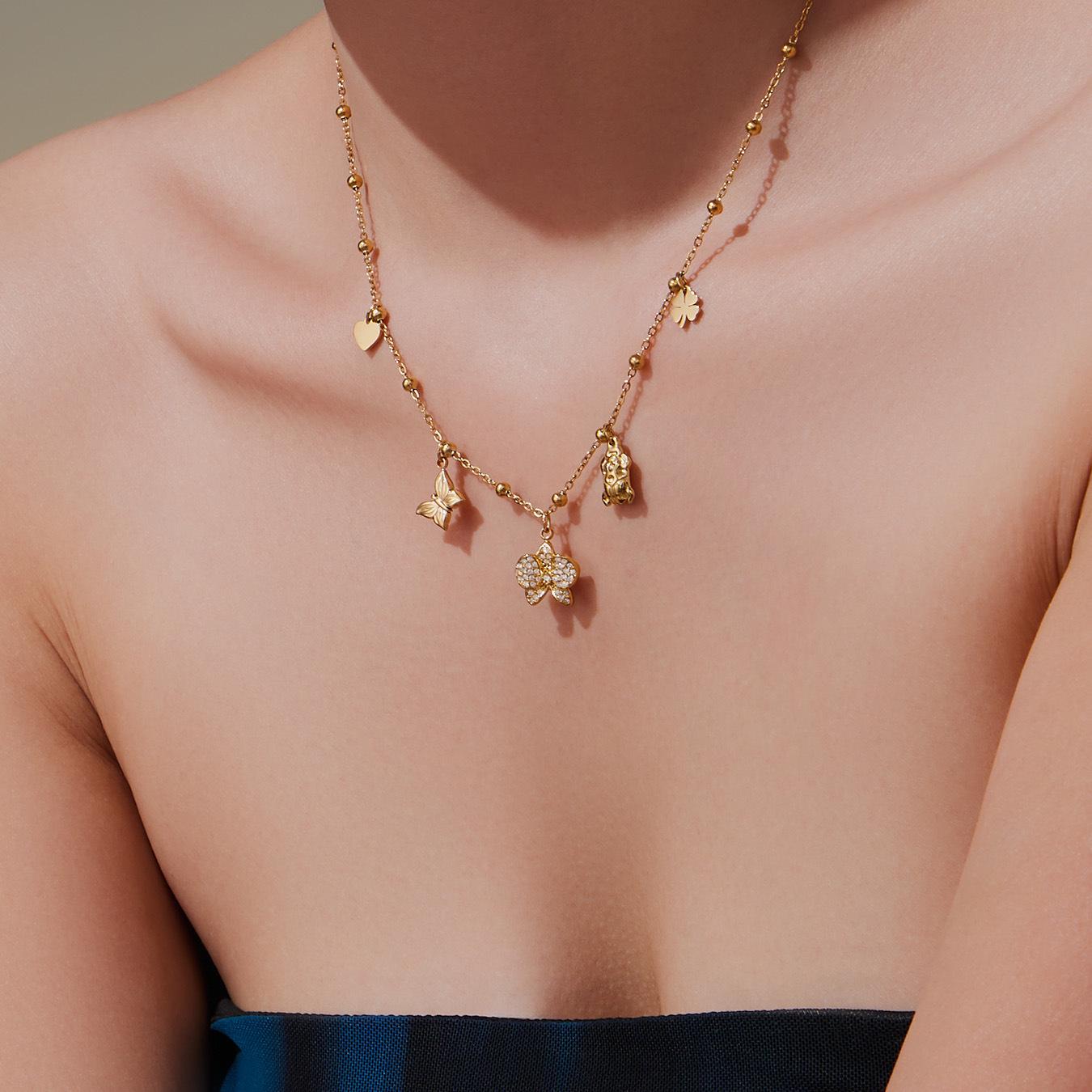 Qiong Yao Exquisite Bowknot Zircon Multi-Pendant Necklace, 18k Gold Plated, European & American Light Luxury Style