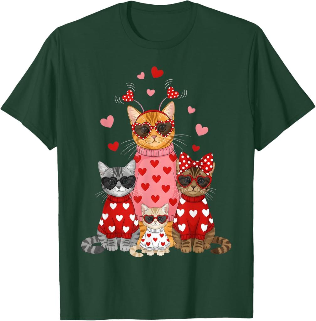 Lustiges Valentinstag Katzen Familie Grafik T-Shirt Niedliche Kätzchen Liebhaber Rundhals T-Shirt