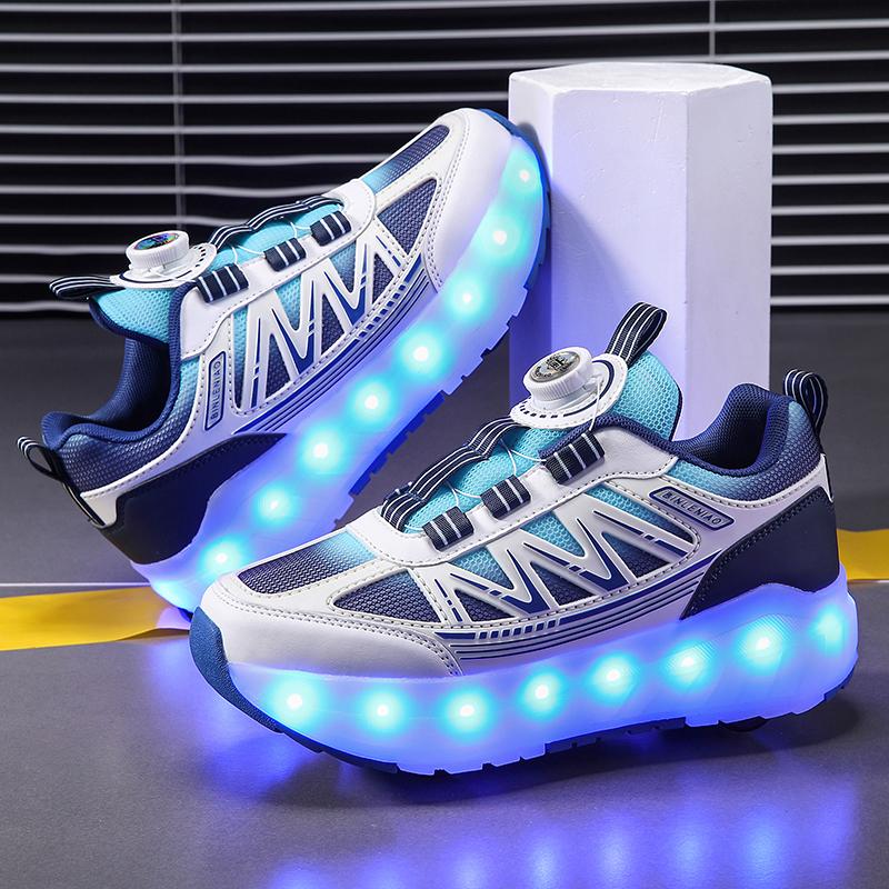 Chaussures de Sport à Lumières pour Enfants Chaussures à Roulettes Chargement et Démontage Chaussures à Roulettes à Quatre Roues LED Baskets Lumineuses pour Enfants