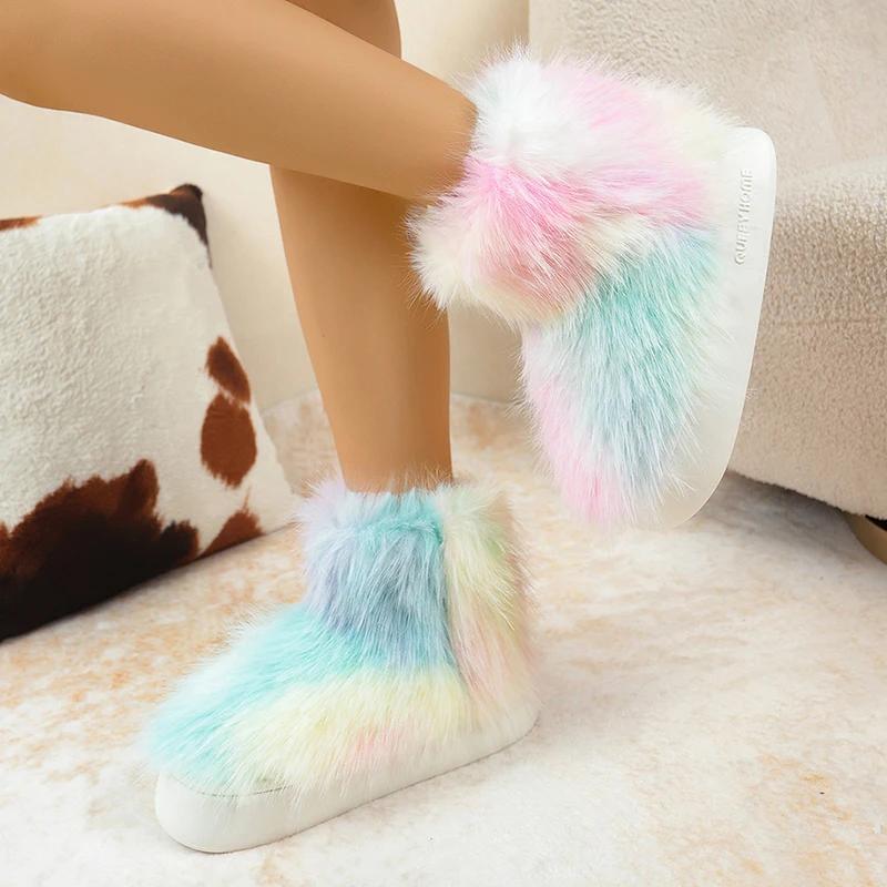Fashion Gradient Color Faux Fur Snow Boots for Women Thick Sole Long Plush Warm Winter Boots Woman Fashion Fluffy Platform Ankle Booties