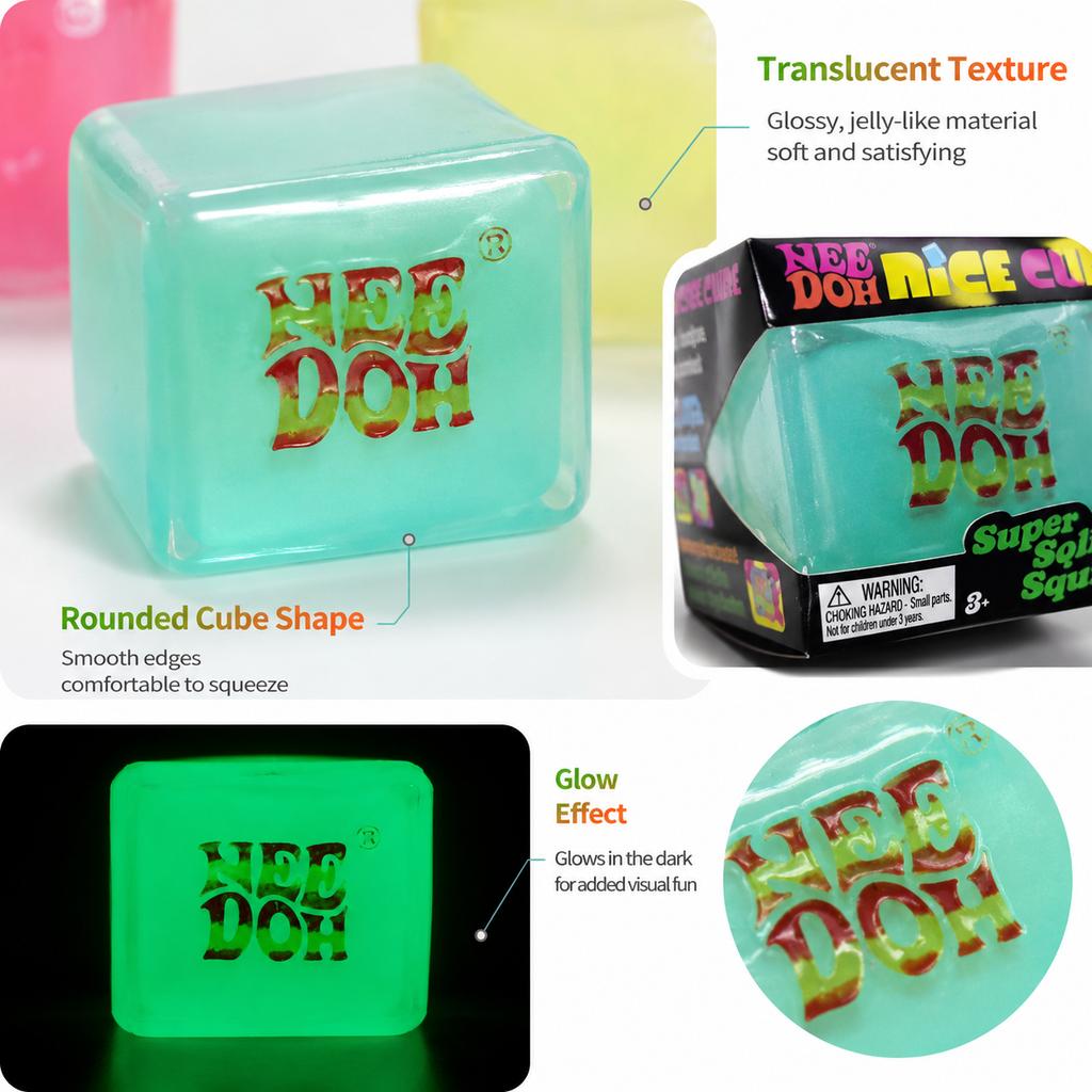 Needoh Glow-In-The-Dark Ice Cube Squeeze Toy, Slow Rebound Sensory Decompression Toy, Helps