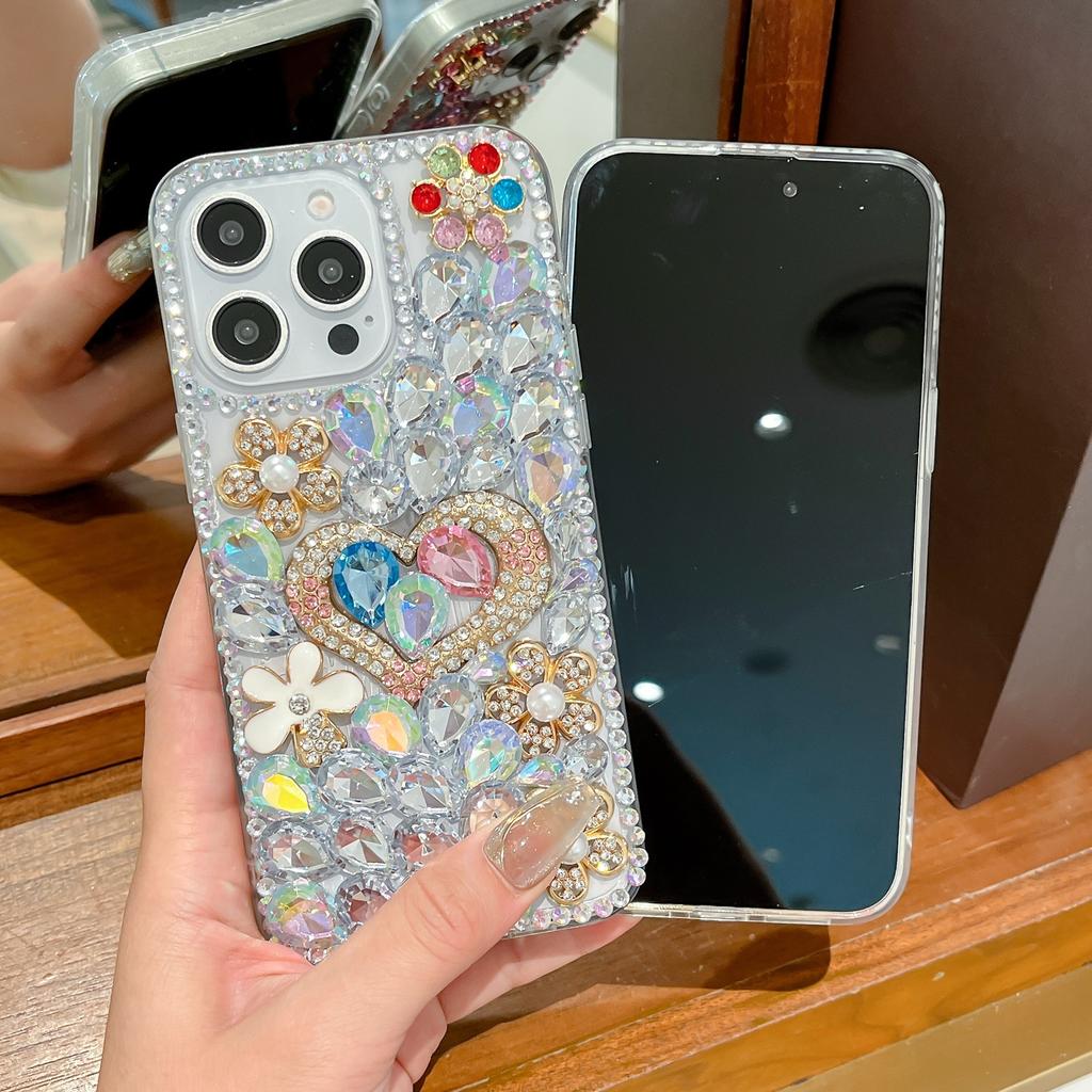 Luxury 3D Bling Glitter Crystal Rhinestone Heart Floral Phone Case For iPhone 17 16 15 14 13 12 11 Pro Max Air Mini 16e 8 7 Plus X XS XR