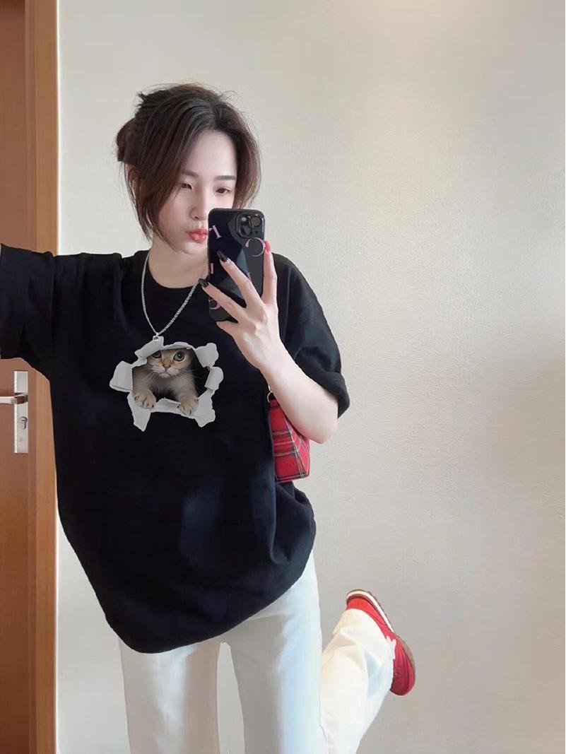 

Женская свободная футболка с круглым вырезом и милым принтом котенка, весна/лето 2025, белая 3XL High Quality чёрный