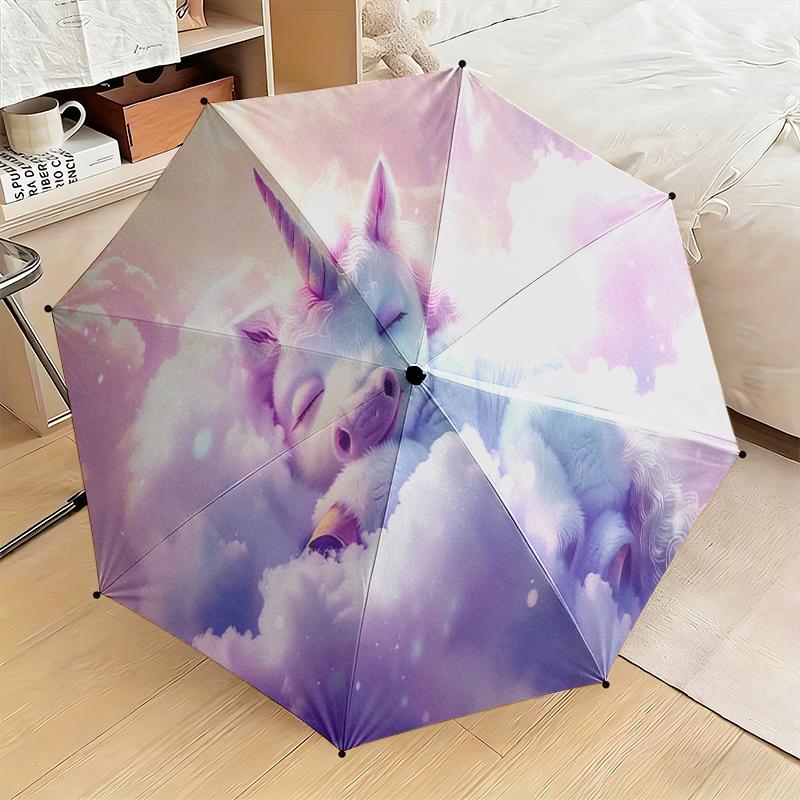 

1pc Unicorn on the Clouds Umbrella Portable Folding Umbrella Iron Frame Hole Bone Structure Outdoor Home Umbrella