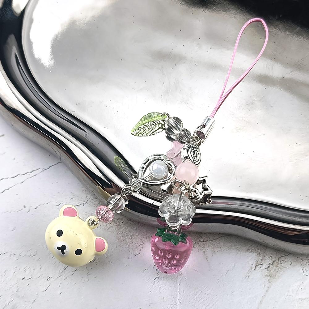 Cute Rilakkuma Bear Bell Matching Phone Charms Handmade Star Hanging Chain Kawaii Beaded Mobile Pendant Cardbook Keychain