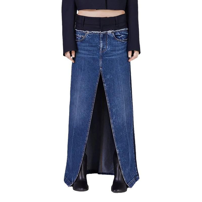 Retro Hong Kong Style Low-Waist Straight Denim Skirt with Front Slit and Contrast Splicing - Women's 2025 Spring Collection