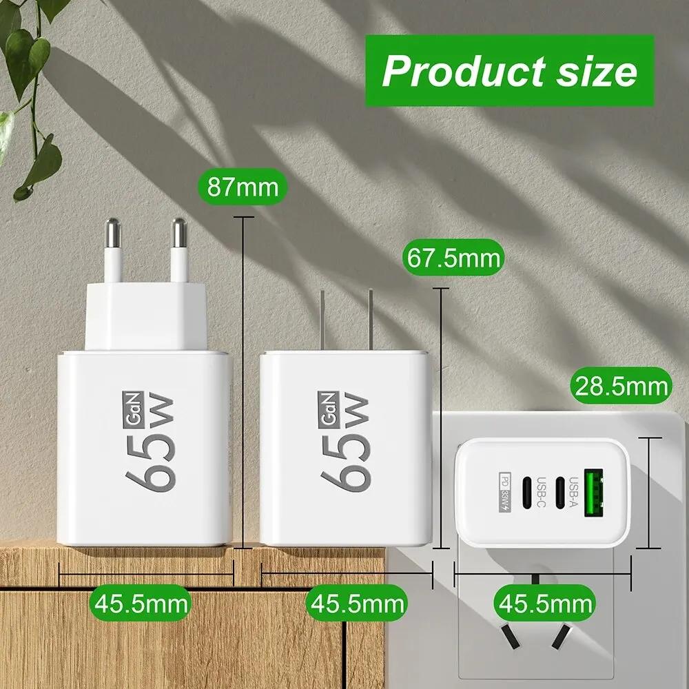 65W Charger USB PD Type-C Fast Charging 3-Port Phone Adapter QC3.0 Compatible with iPhone 15 pro Max Samsung Galaxy