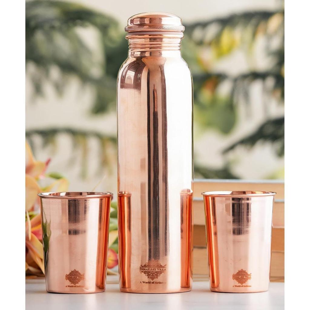 Pure Copper Drinkware Gift Set of Plain Shine Finish Design 1 Bottle & 2 Glass with Gift Box, Bottle-900 Ml & Glass-275 Ml