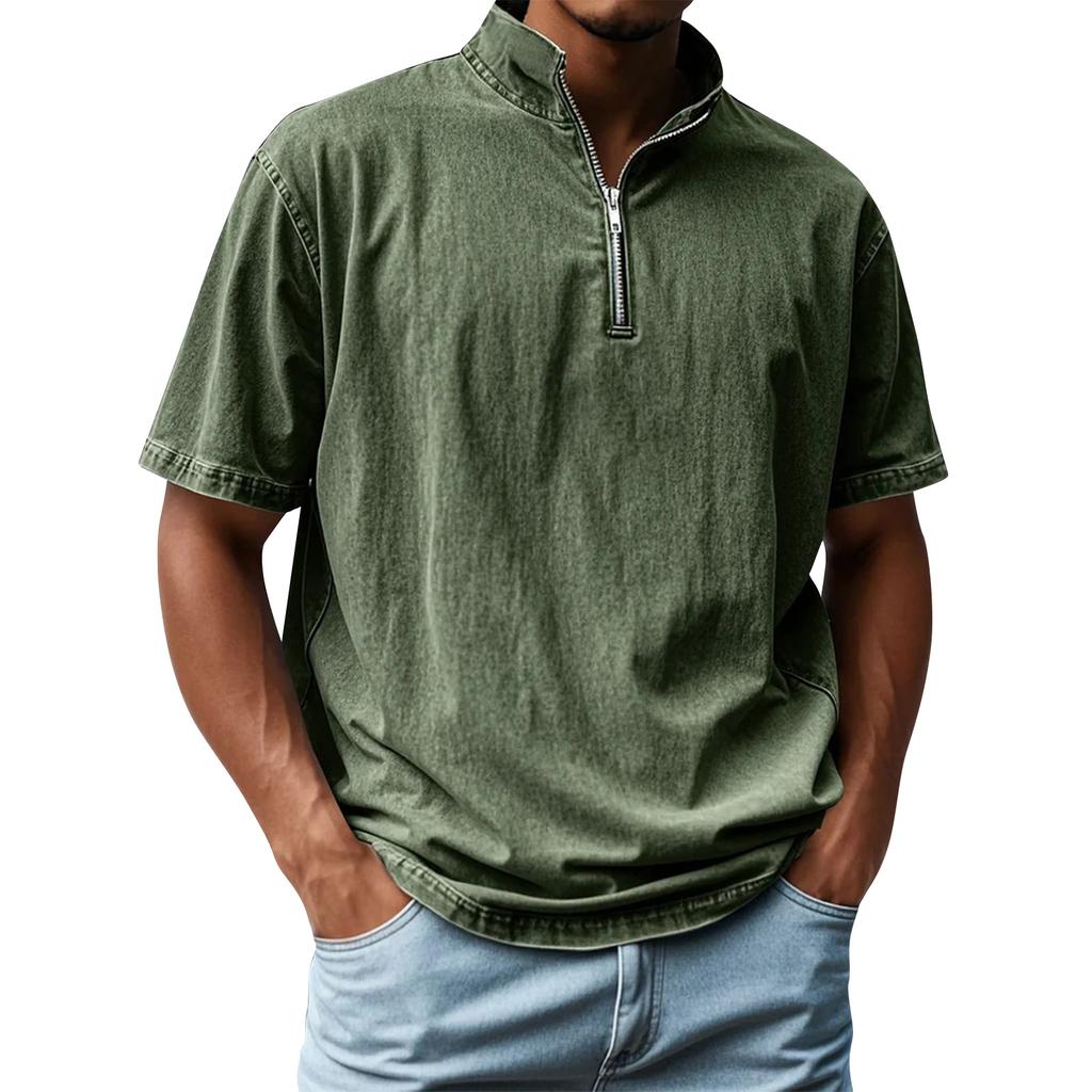 Pánské letní vintage košile s krátkým rukávem, klopou a zipem