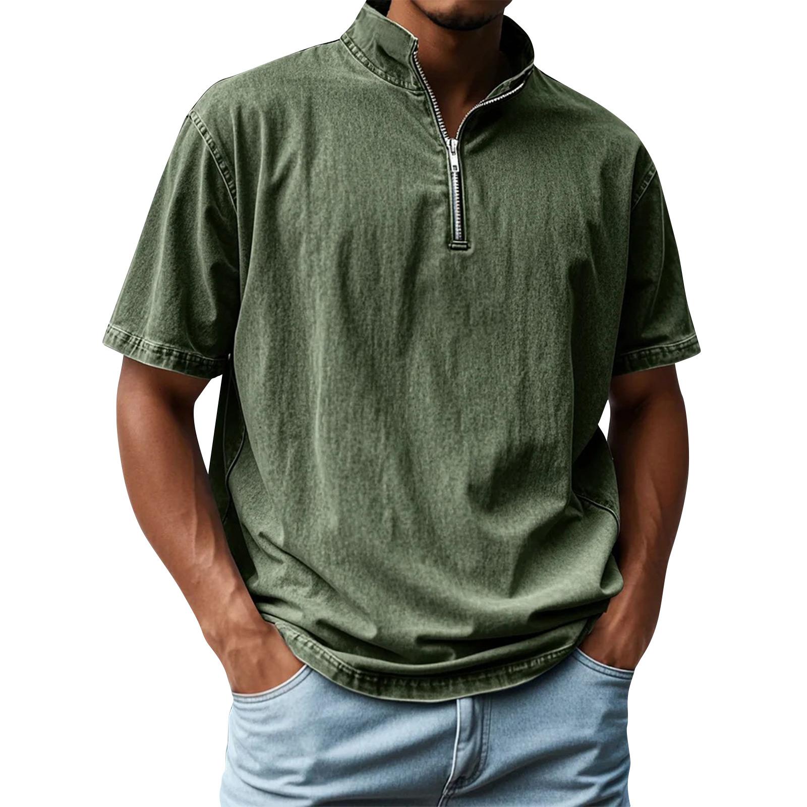 

Мужская летняя винтажная рубашка с молнией и отложным воротником, с коротким рукавом, топы M