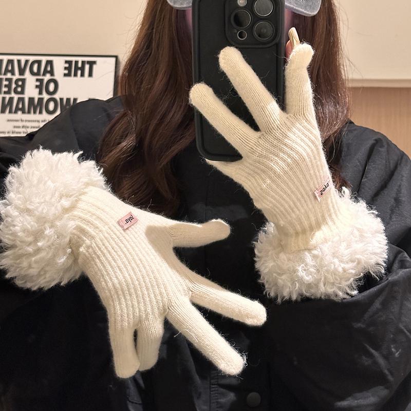 Gants tricotés à écran tactile tendance pour femmes, gants d'hiver chauds à bords en peluche, mitaines de cyclisme de sport coupe-vent, gants en peluche épais et doux au poignet