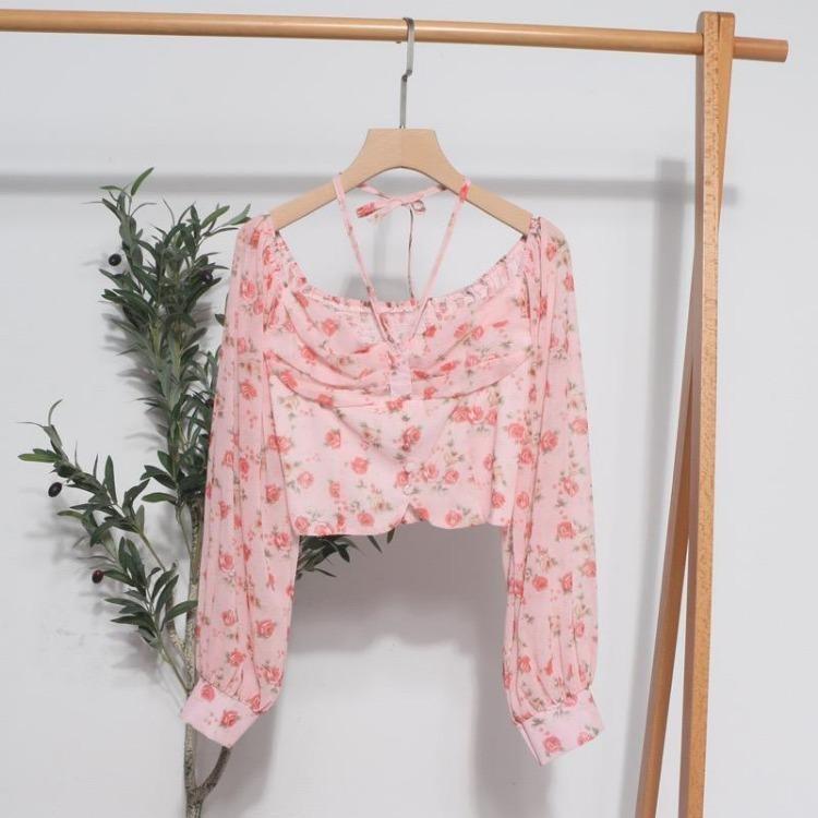 

Spring Casual French Floral Blouse Women Elegant Vacation Bohemian Ruched Tops Slim Elastic Print Shirts One Size розовый