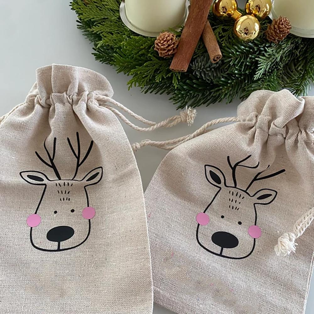 4Pcs Christmas Sack Linen Santa Sack Christmas Gift Secret Santa Drawstring Bags Christmas Tree Ornament  New Year Party Decor