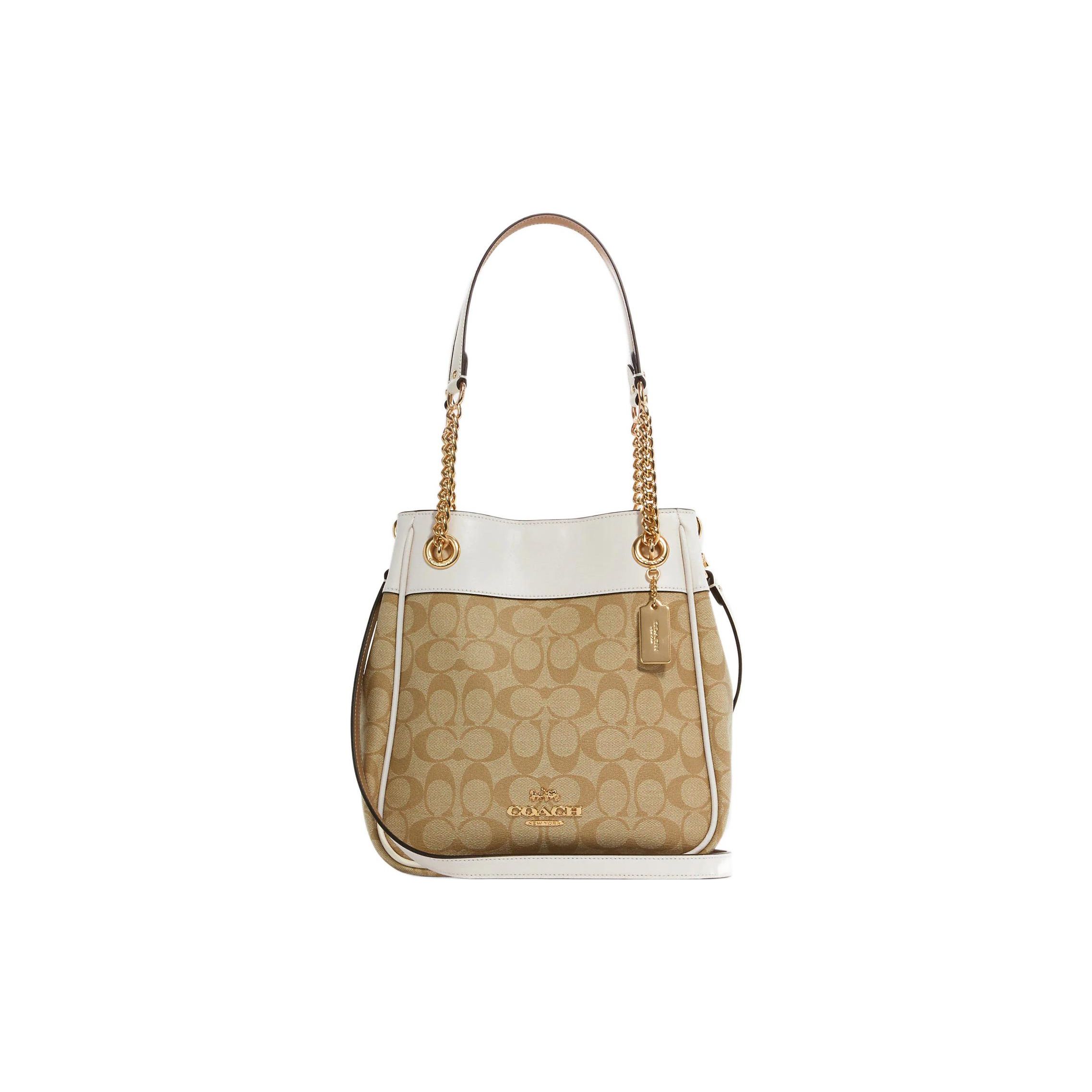 

Coach Cammie 23 Classic Monogram Chain Double Layer Canvas And Leather Bucket Bag Women Shoulder Bag Khaki White C8152-IMDQC Basic Set (Bag+Dust Bag)
