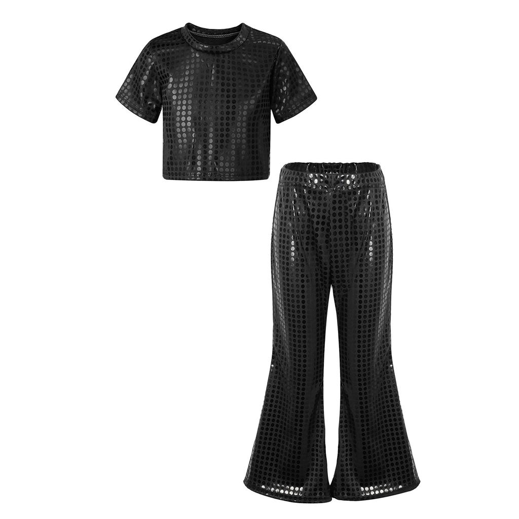 Dětské Dívčí Lesklé Flitry Párty Sety Kulatý Výstřih Crop Top s Elastickým Pasem Rozšířené Kalhoty pro Taneční Scénické Vystoupení