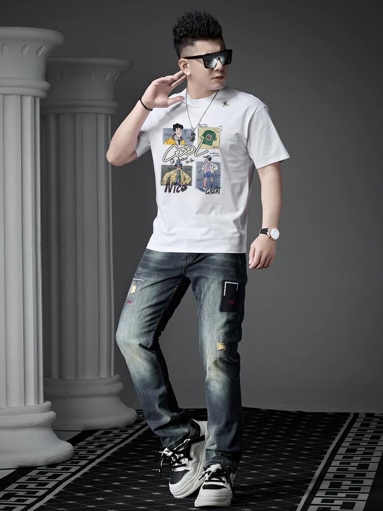 European Goods 2025 Summer New Men's Round Neck Short-Sleeved T-Shirt Trendy Brand Cartoon Print Top Casual Half-Sleeved T-Shirt