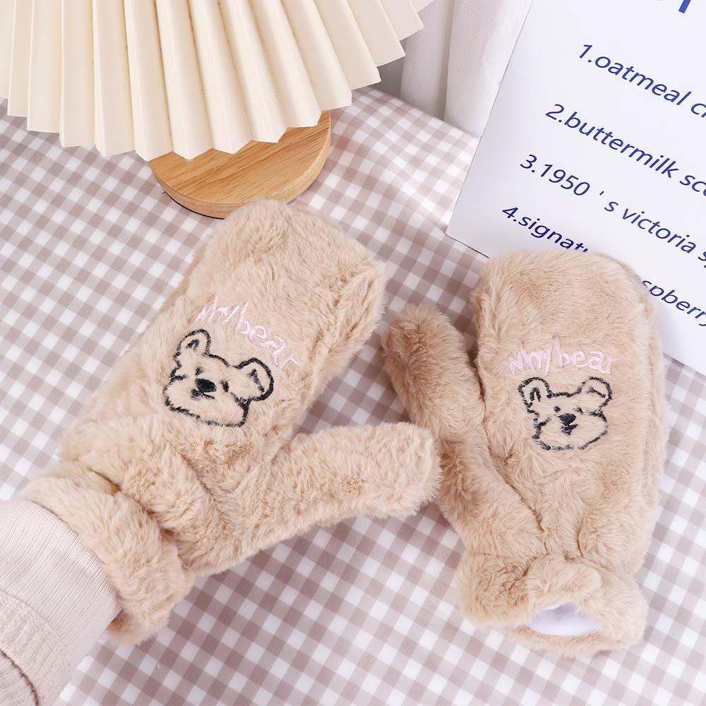 Sweet Winter Girls Women Cartoon Bear Gloves Plush Gloves Warm Mittens Full Finger