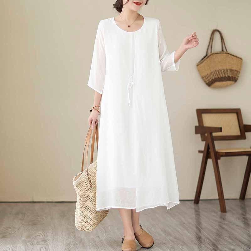 

Летнее льняное платье миди А-силуэта большого размера с вышивкой - однотонное Extra Large белый