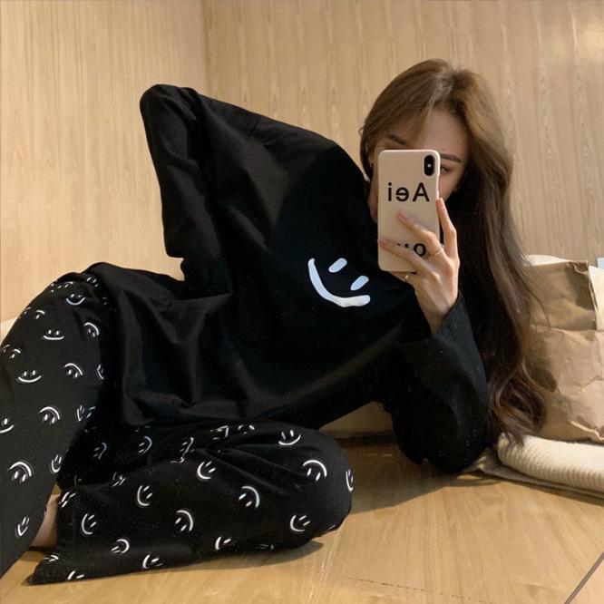 2024 Korean Style Women's Smiley Face Pajama Set - Spring/Autumn Long Sleeve Solid Color Homewear