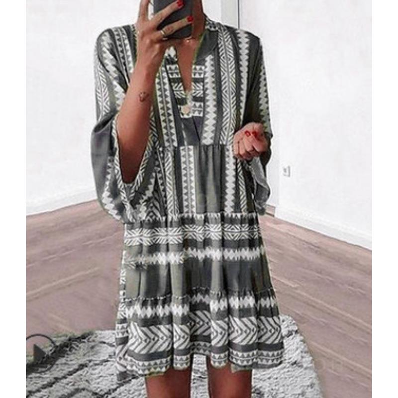 YYFS Rochii de damă la modă, vară și primăvară, cu imprimeu colorat, mâneci 3/4, decolteu în V, talie lejeră, casual