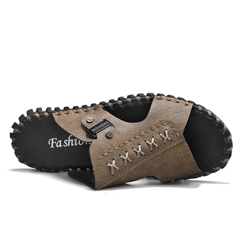 Summer Men's Cow Leather Casual Slippers Lightweight Breathable Slippers For Men Vintage Trendy Style Rubber Sole Plus Size