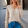 Spring and Autumn Jacket Hollow Knitted Sweater Women's Pullover Long-sleeved Crochet Jacquard Loose V-neck Bottoming Top