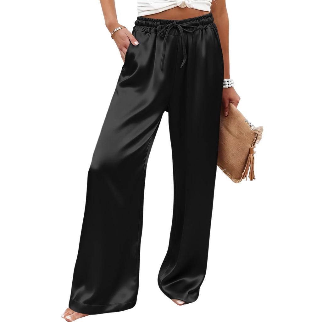 Women’s Wide Leg Satin Pants High Waist Drawstring Loose Fit Lightweight Trousers for Casual and Lounge Wear