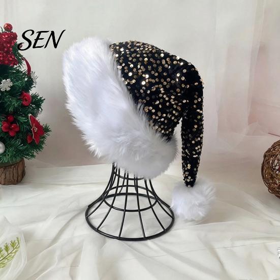 Santa Hat Christmas Sparkly for Women Men, Glitter Sequin with White Fluffy Trim Festive Costume Accessories Cosplay And Pom Pom, Holiday Party Bling