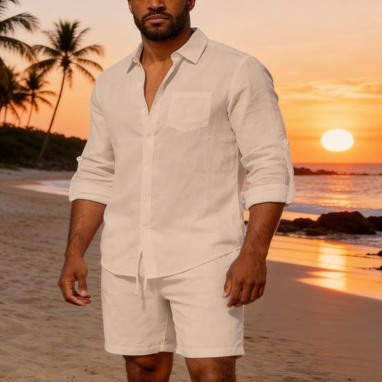 2 st/set Damtoppar och Shorts Set Lapel Långärmad Enkelknäppt Skjorttoppar Elastiska Mellanhöga Shorts Set Casual Tvådelat Set Strandkläder