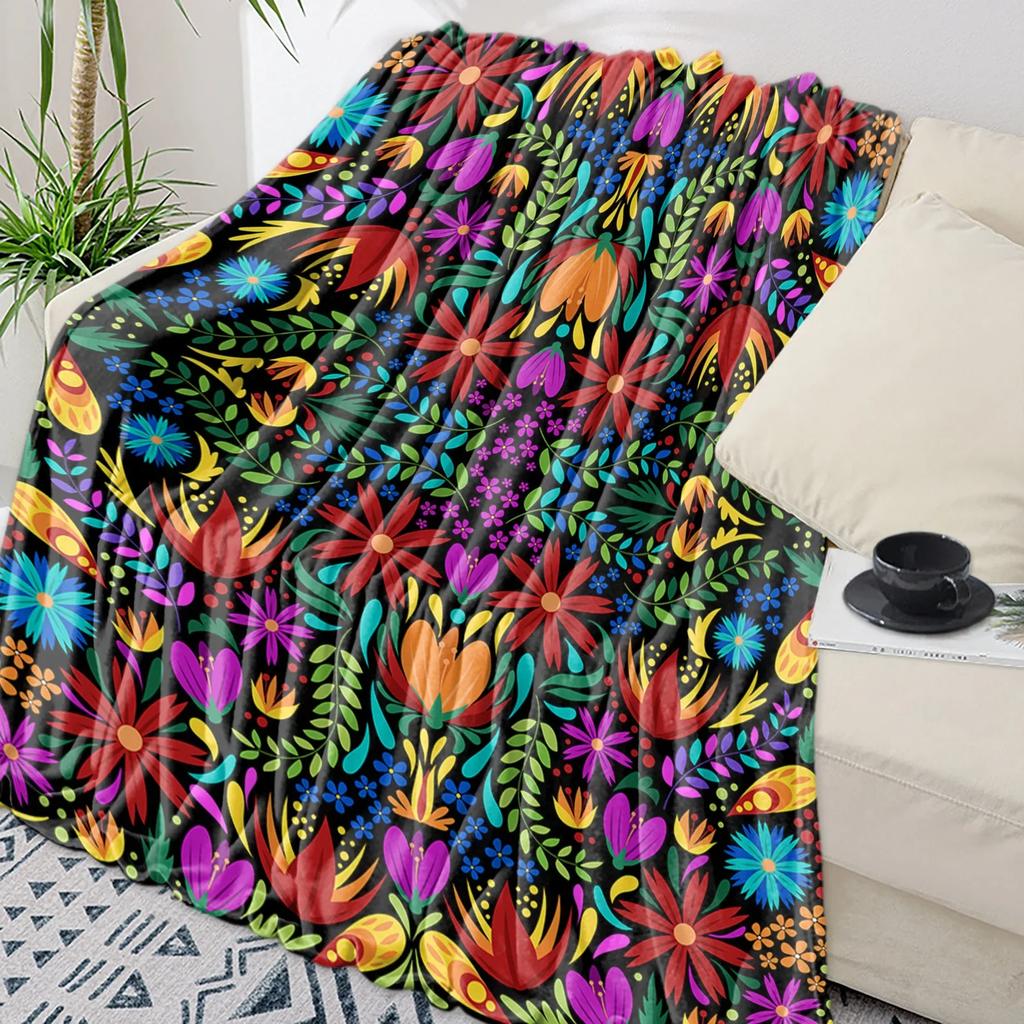 Colorful Mexican Abstract Flower Throw Blanket Warm Flannel for Kids Portable Soft Sofa Bedspread