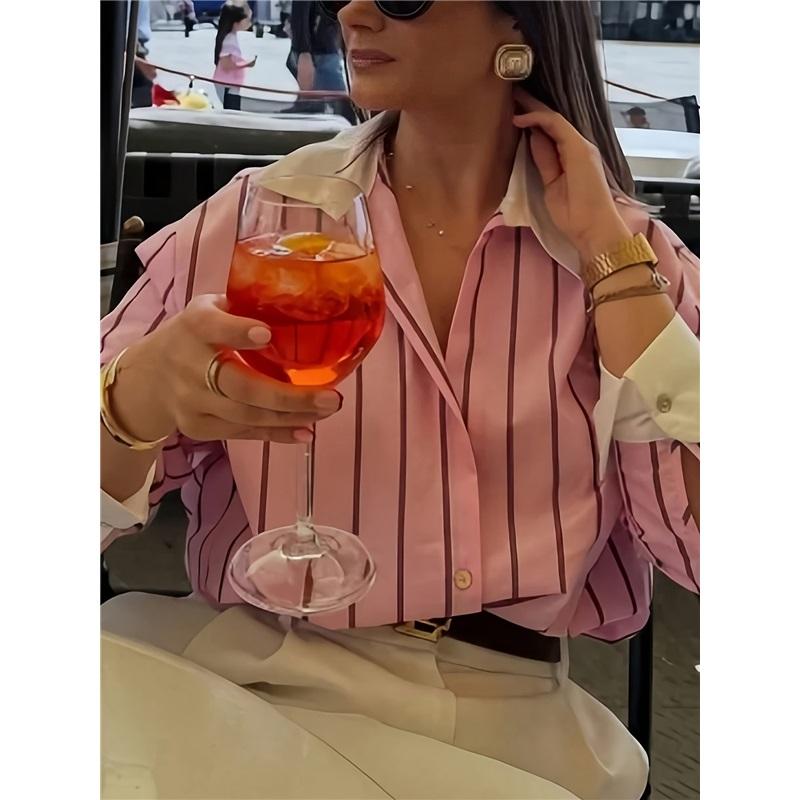 Women Vintage Striped Shirt Turn Down Collar Contrast Cuff Long Sleeve Loose V Neck Blouse Top