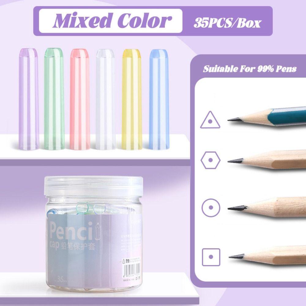 35PCS/Box Solid Color Pencil Cap Transparent Pen Tip Protector Cute Pencil Protective Case Students