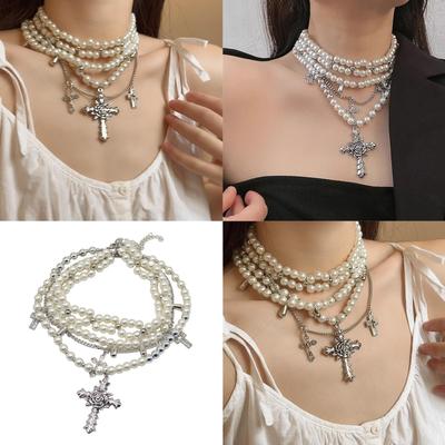 Fashionable Pearls Multilayered Necklace with Silver Sturdy Alloy Crosses Pendant Accessory for Women and Girls
