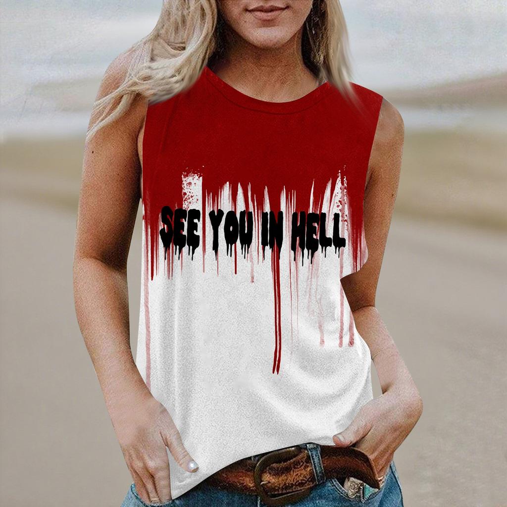 Women's Round Neck Casual Sleeveless Halloween Printed Vest T-Shirt Top