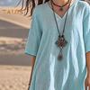 Women's Boho Patchwork Loose Dress Casual V-Neck Short Sleeve Swing Dress Summer Beach Vacation Sundress