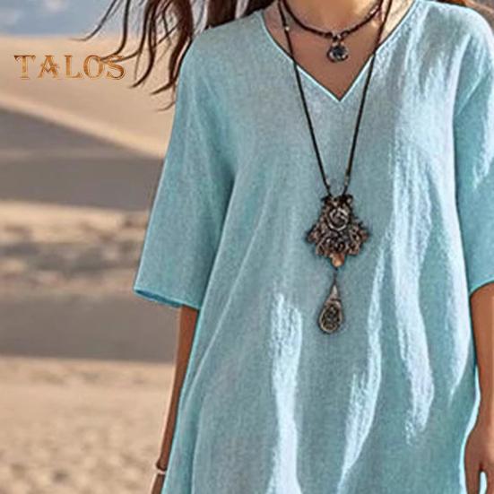 Women's Boho Patchwork Loose Dress Casual V-Neck Short Sleeve Swing Dress Summer Beach Vacation Sundress