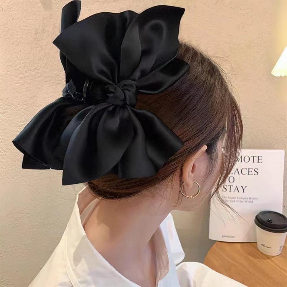 Elegant Satin Bow Hair Claw, Temperament Shark Clip for Women