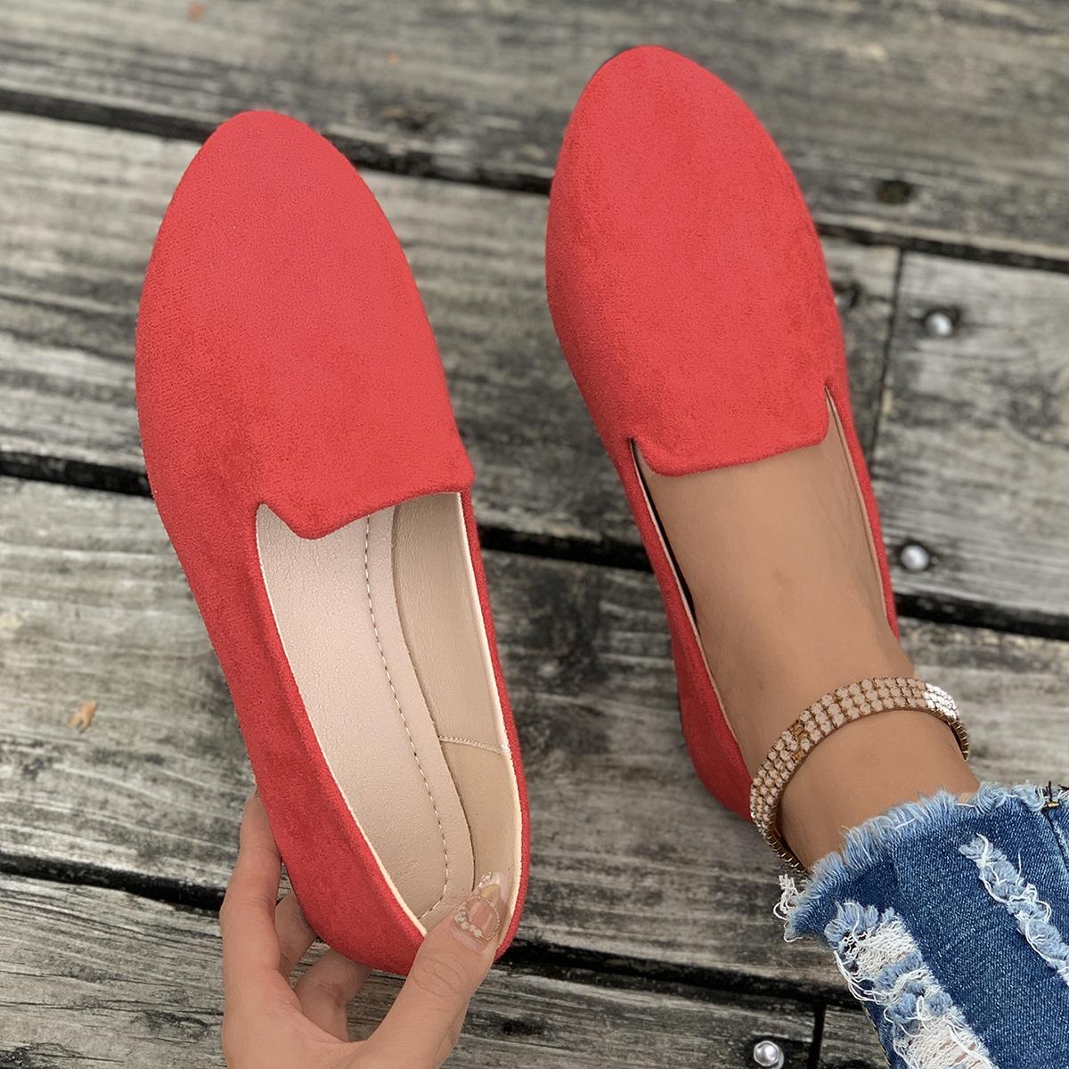 Healthy Skin Dames Casual Enkelschoenen Koreaanse Versie van Lente en Herfst Ondiepe Mond Platte Zool Ronde Neus Suède Schoenen Platte Hak Grote Maat Damesschoenen 39 rood