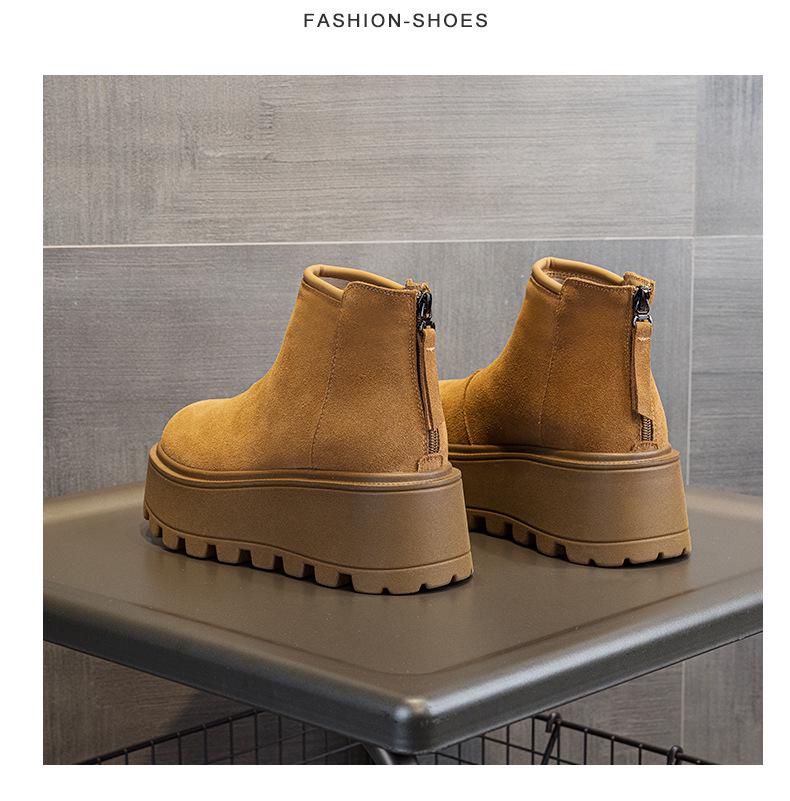 2024 Autumn/Winter Women's Thick-Soled Cow Suede Ankle Boots: Versatile, Height-Increasing, Warm Martin Style