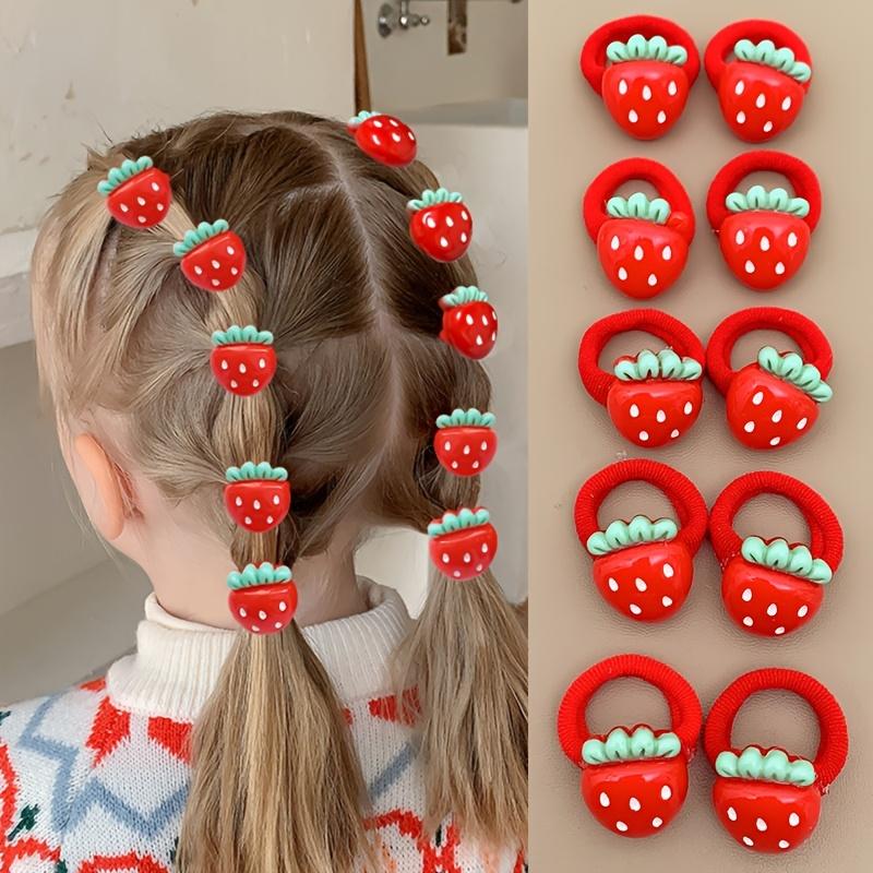 Set of 10 or 30 pieces: Sweet and Cute Strawberry and Cherry Fruit Hair Ties for Little Girls—Red and Festive