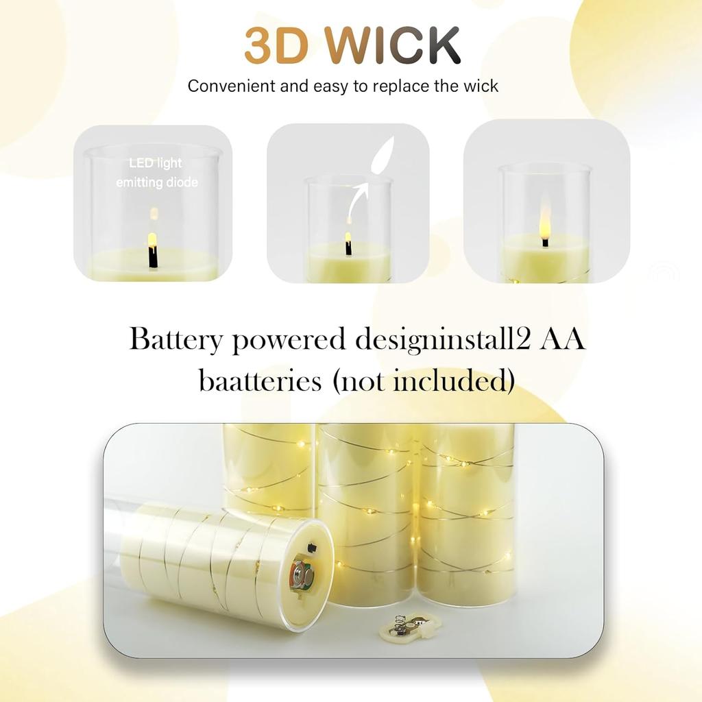 3er-Set flammenlose LED-Kerzen mit integrierter Sternenkette, batteriebetrieben, flackernde LED-Kerzen für die Heimdekoration