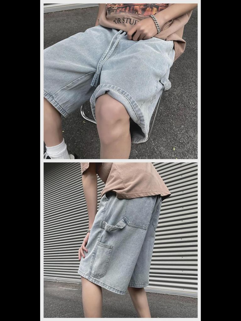 Męskie szorty dżinsowe hip-hopowe - luźny, prosty krój, jednolity kolor, swobodny styl na każdy mecz