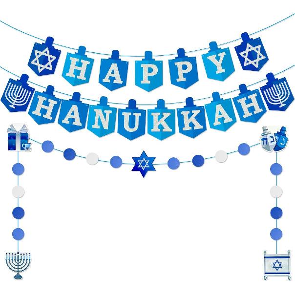 Hanukkah Decorations Banner Happy Hanukkah Banner Party DIY Decor Garland for Home Indoor Blue Glitter Supplies