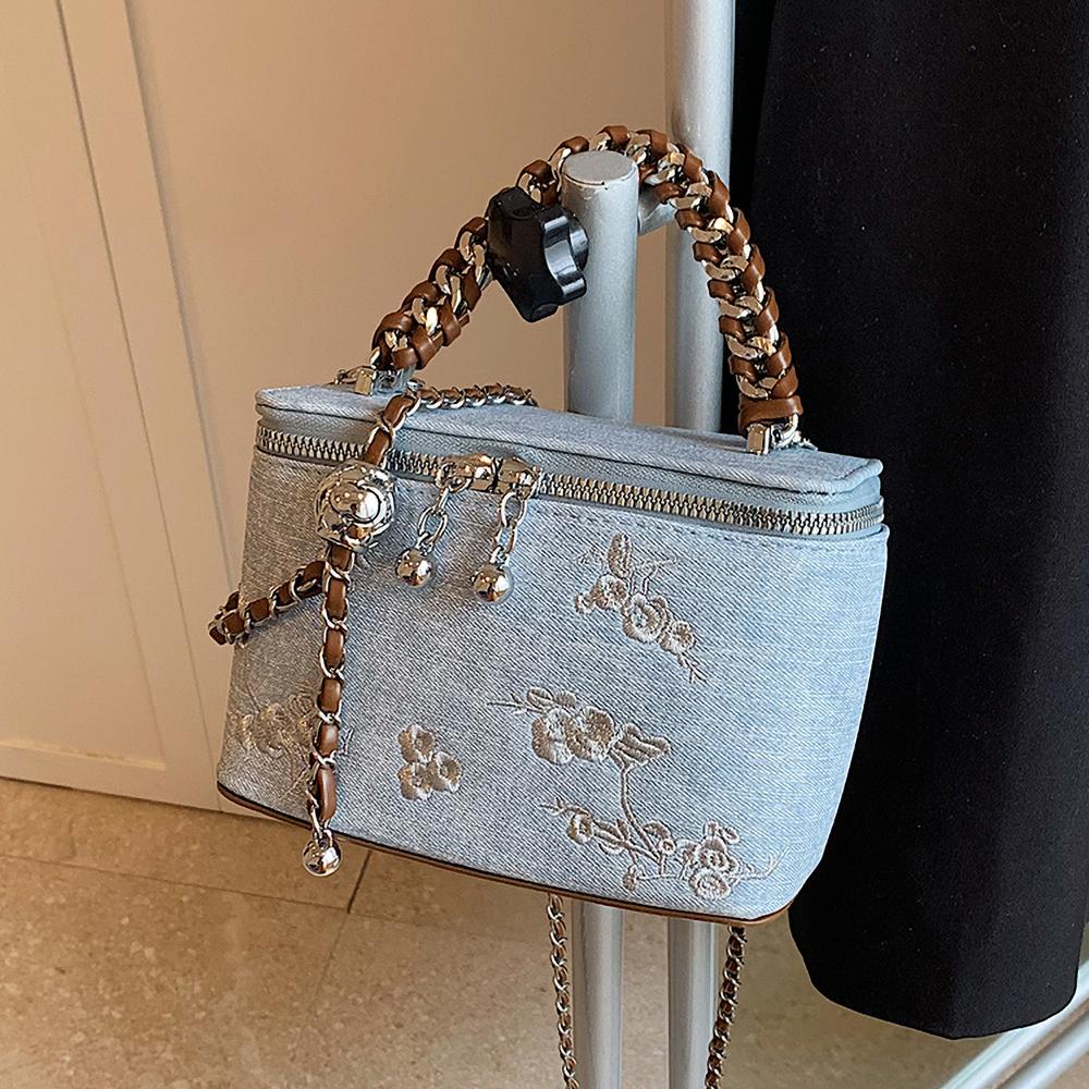 

Сумка через плечо с цветочной вышивкой для женщин, персонализированные сумки из джинсовой ткани с цепочкой, универсальная квадратная ручная сумка-ведро