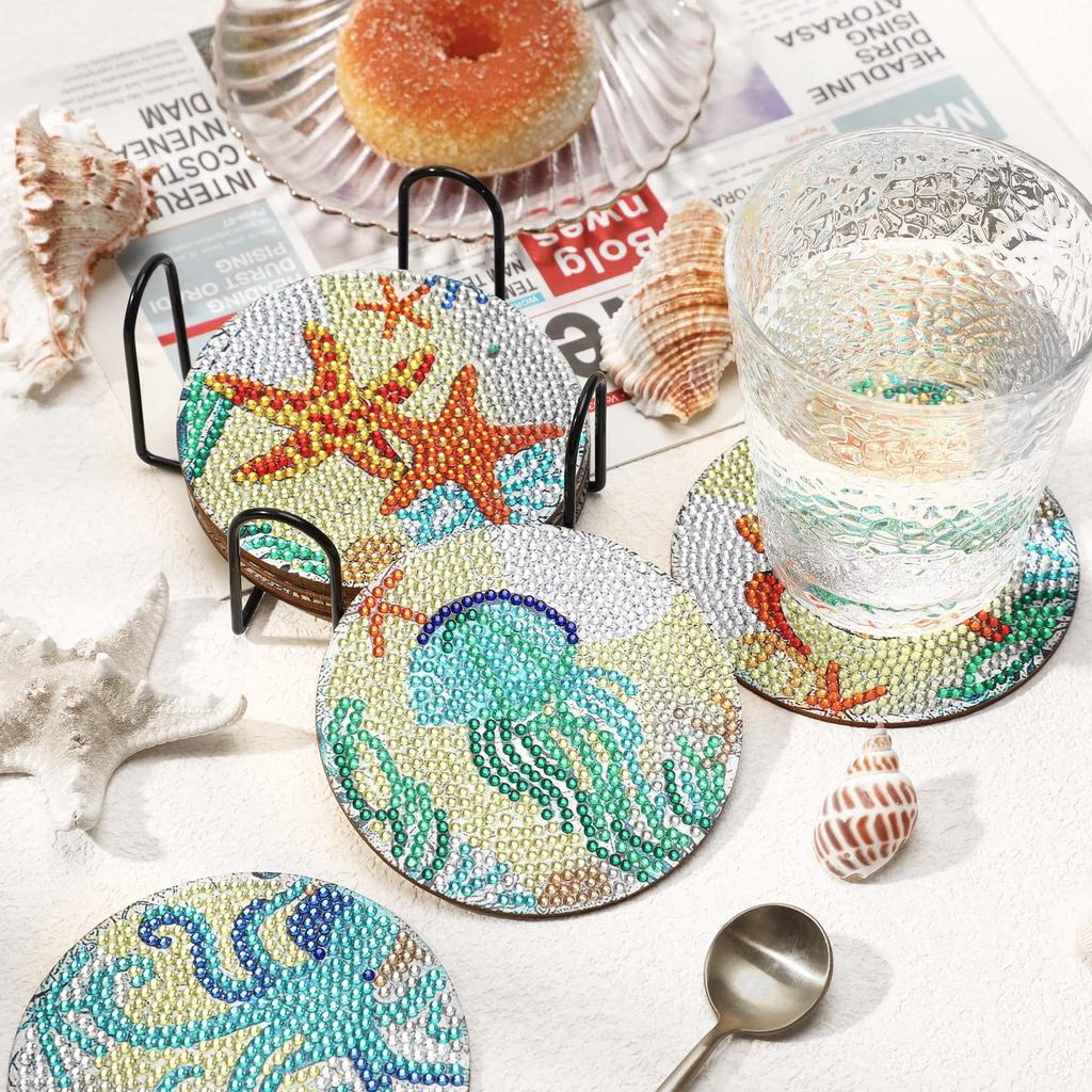 JANLOFO Diamond Art Coasters, Cork Diamond Art Kit, Beginner Diamond Painting Kit, 8-Piece Set, Easy DIY Diamond Beads, Beginner Diamond Painting Kit