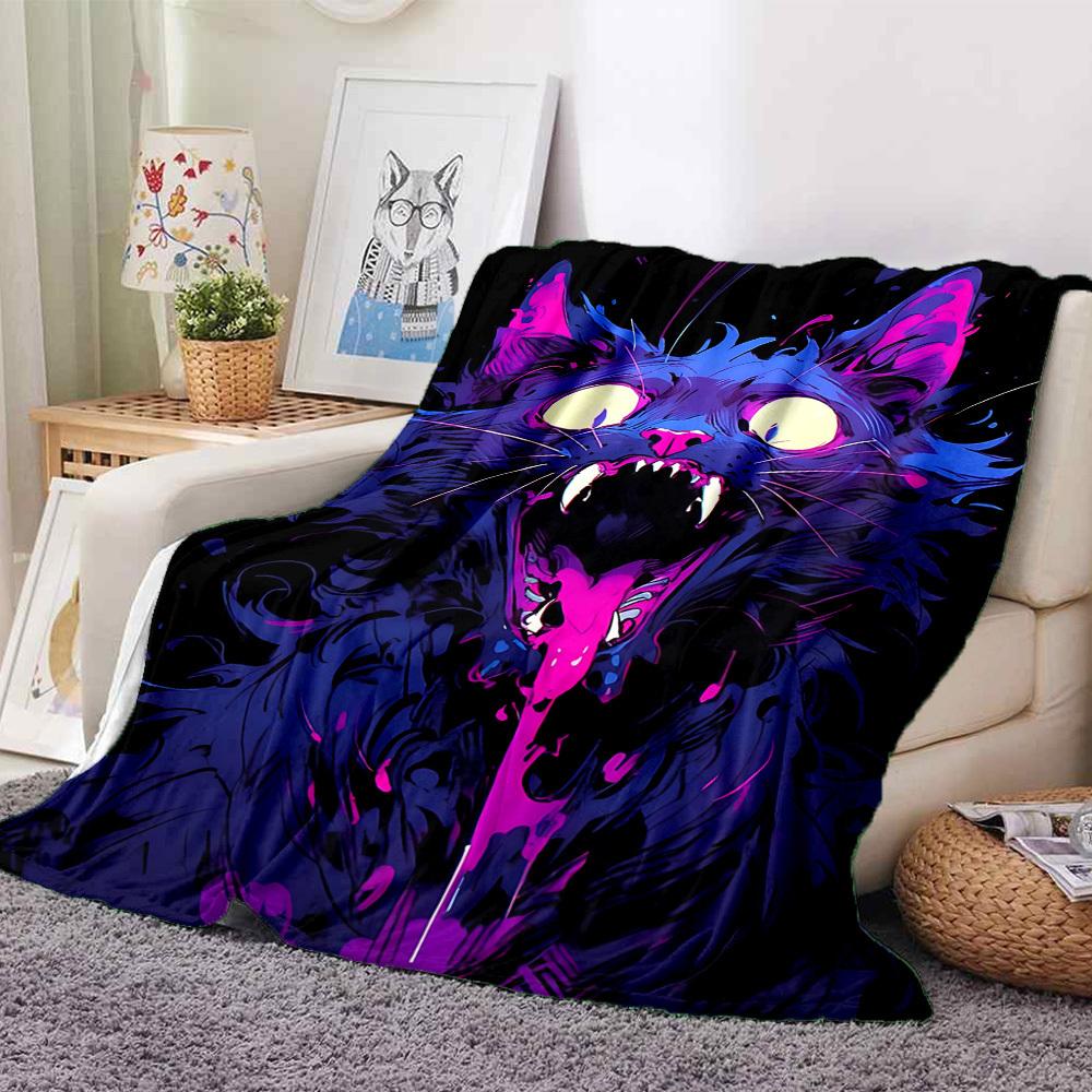 1pc Neon Kitty "Purple Purr" Blanket, Lightweight Flannel Throw Blanket For Sofa, Bed, Travel, Camping, Living Room, Office, Couch, Chair, And Bed